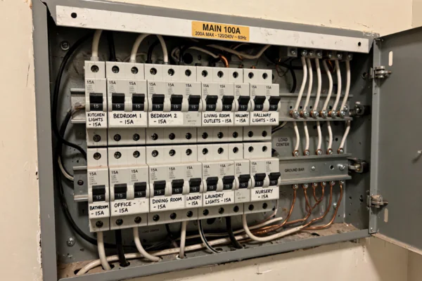 Open residential electrical breaker panel with labeled 15 amp circuit breakers
