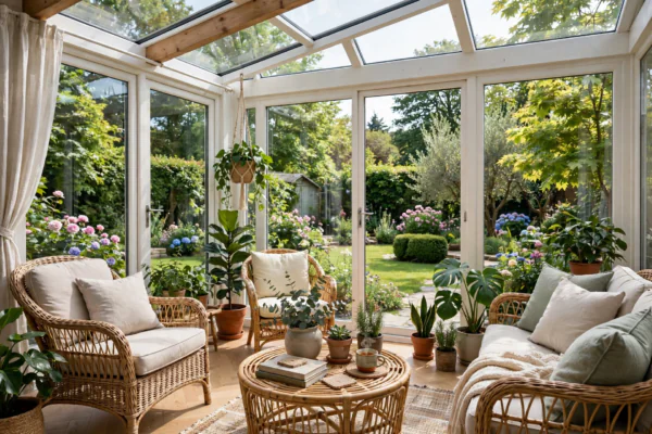 Bright glass-walled sunroom interior with wicker furniture and plants overlooking a garden