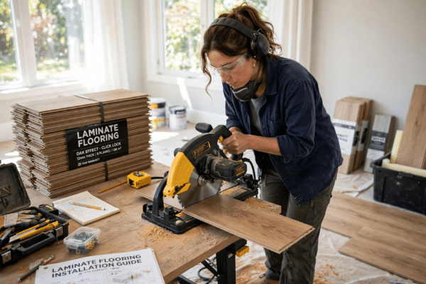 Person learning how to cut laminate flooring with a mitre saw for a clean chip-free edge