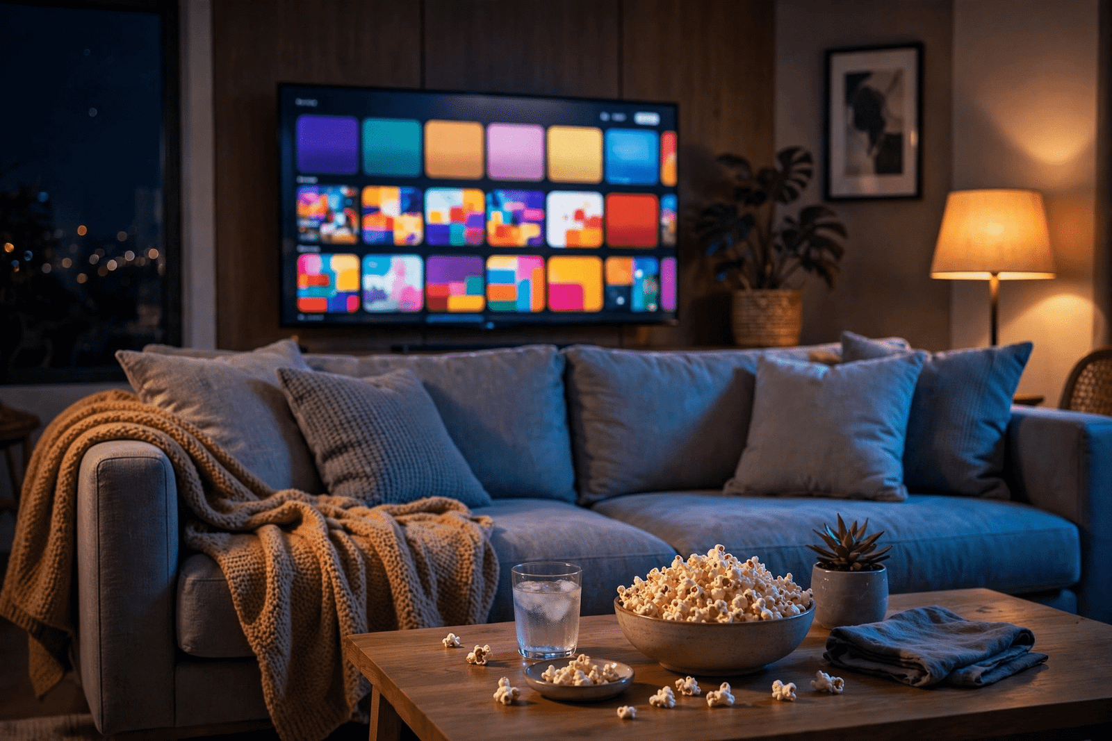 A glowing television in a dark living room showing a streaming interface, illustrating the appeal of free streaming sites such as Broflix