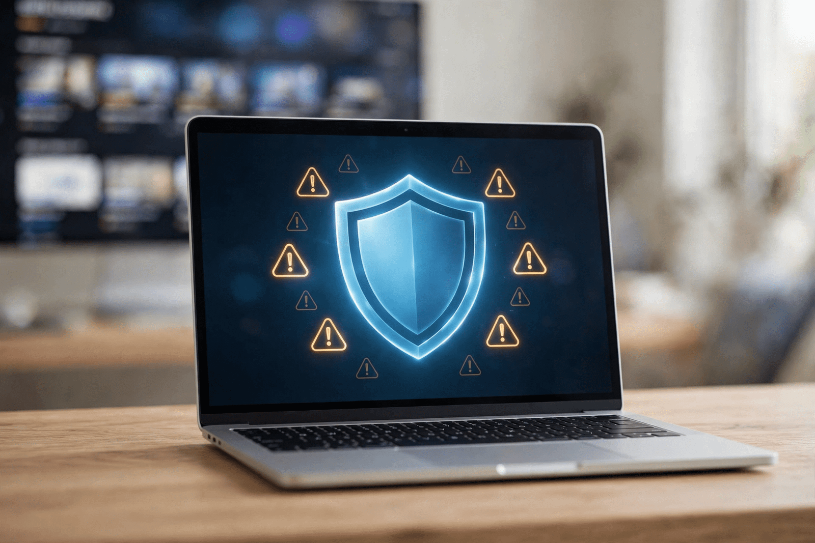 A laptop displaying a security shield icon, representing the online safety risks of unlicensed streaming sites
