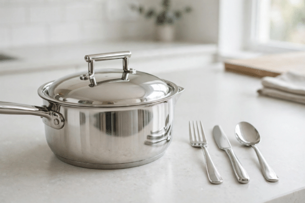 Polished stainless steel saucepan with lid beside a fork, knife and spoon on a bright kitchen countertop, showing typical 18/10 stainless steel cookware