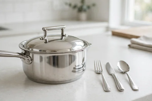 Polished stainless steel saucepan with lid beside a fork, knife and spoon on a bright kitchen countertop, showing typical 18/10 stainless steel cookware