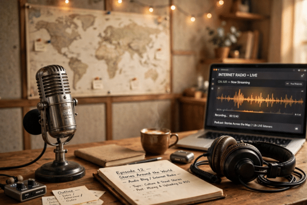 Vintage radio microphone and headphones on a desk with a world map, illustrating the concept of internet radio and audio blogging