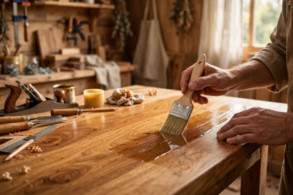 Craftsman applying a final varnish finish to a wooden table in a workshop, illustrating the acamento concept of careful finishing