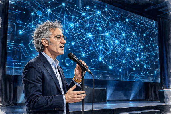 Editorial illustration of Alex Karp, co-founder and CEO of Palantir Technologies, speaking on stage in front of a glowing data-network visualization