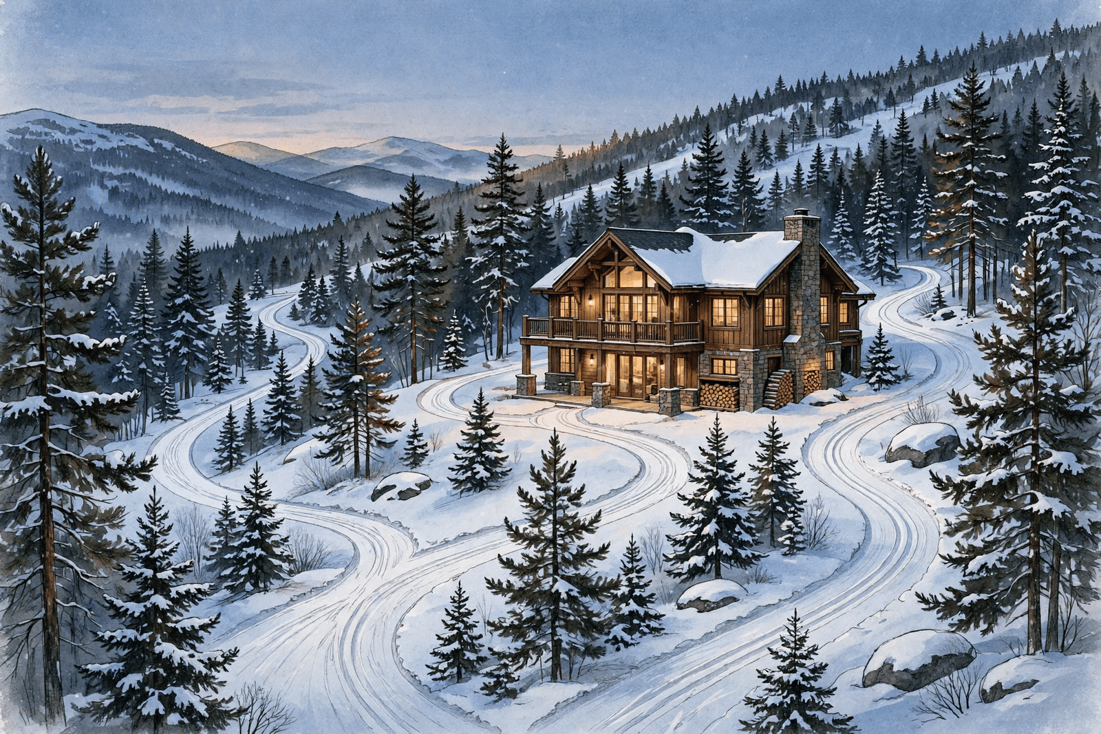 Illustration of a secluded wooden mountain home in New Hampshire at dusk with cross-country ski trails, representing Alex Karp's private lifestyle