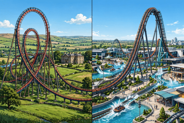 Split-view illustration comparing Alton Towers and Thorpe Park roller coasters in the UK