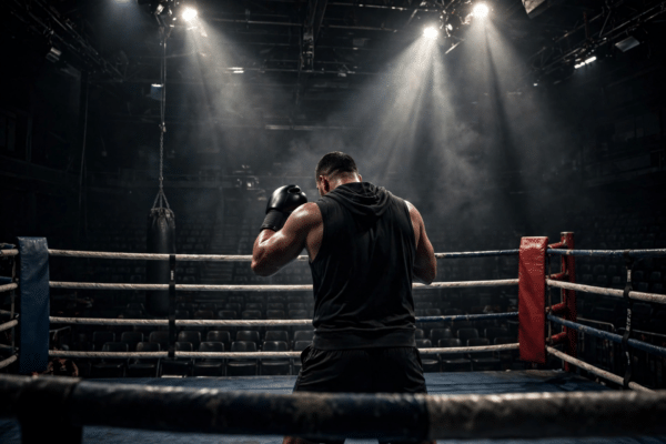 Professional heavyweight boxer training alone in a boxing ring under bright spotlights