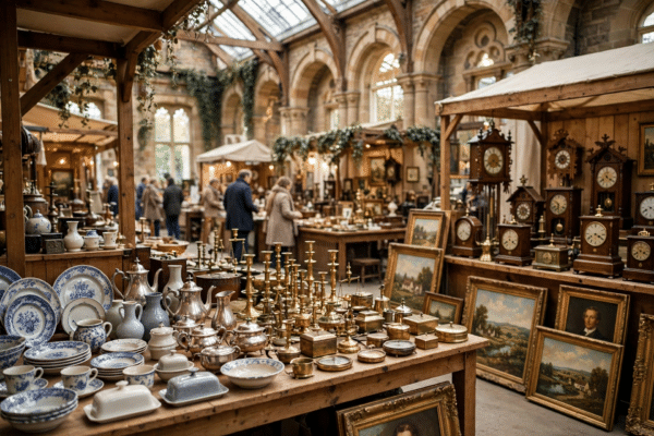 Wooden stalls filled with vintage ceramics, silverware, clocks and paintings at a British antiques fair