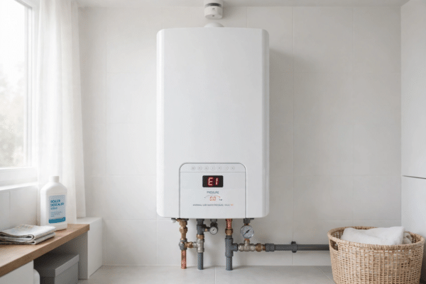 White wall-mounted combi boiler with its digital display showing the red E1 error code and a low-pressure warning