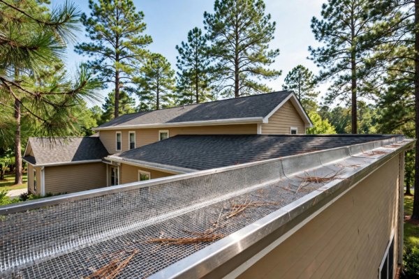Micro-mesh gutter guards installed on a house roofline surrounded by pine trees