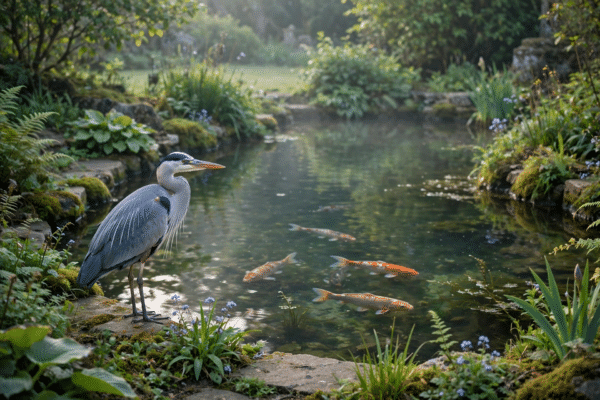 Grey heron standing at the edge of a UK garden pond at dawn watching koi fish
