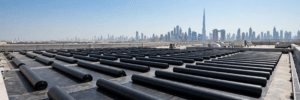 Rows of black bituminous roof waterproofing membrane rolls laid out on a flat commercial rooftop in Dubai with the city skyline behind