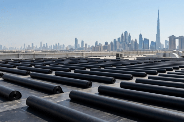 Rows of black bituminous roof waterproofing membrane rolls laid out on a flat commercial rooftop in Dubai with the city skyline behind