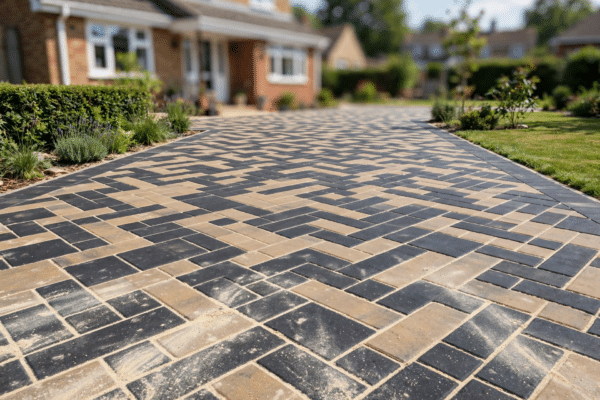 Newly laid UK block paved driveway with kiln-dried sand brushed into the joints