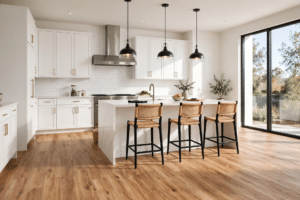 Modern kitchen with waterproof luxury vinyl plank flooring in a natural oak wood look