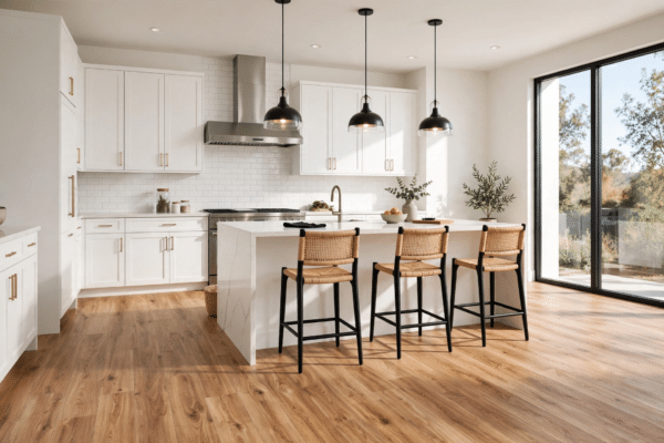 Modern kitchen with waterproof luxury vinyl plank flooring in a natural oak wood look