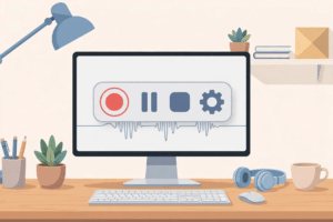 Flat illustration of a desktop computer on a desk with a screen recording control bar and red record button on the monitor