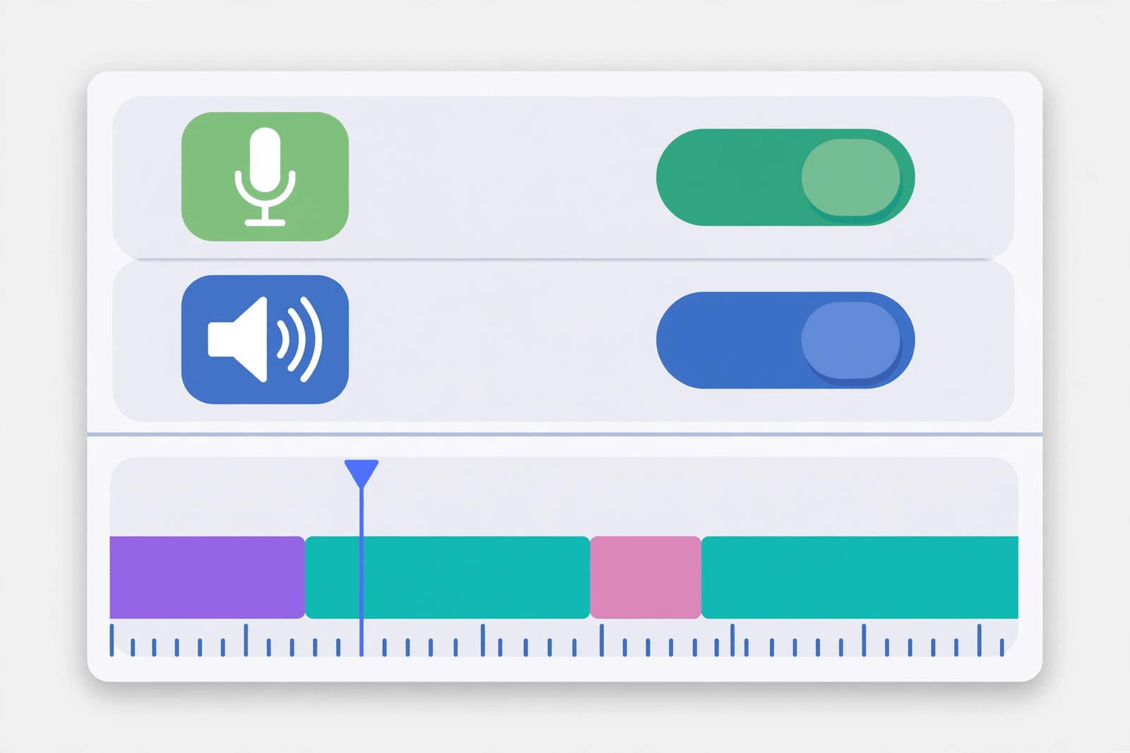 Close-up illustration of a screen recording settings panel showing microphone and system audio toggles above an editing timeline