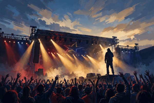 Illustration of a rapper performing on a large concert stage before a cheering crowd, with Texas-style star lighting