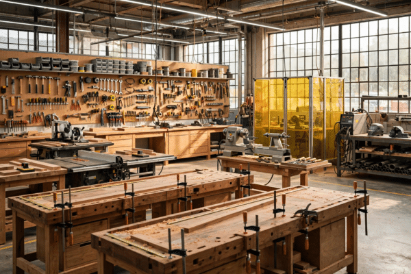 Interior of the Blackhorse Road Workshop makerspace in Walthamstow, London, showing wooden workbenches, woodworking machinery and a metal welding station