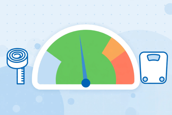 Flat illustration of a BMI gauge dial with the needle in the healthy green zone, with measuring tape and scale icons, representing the BMI calculator NHS