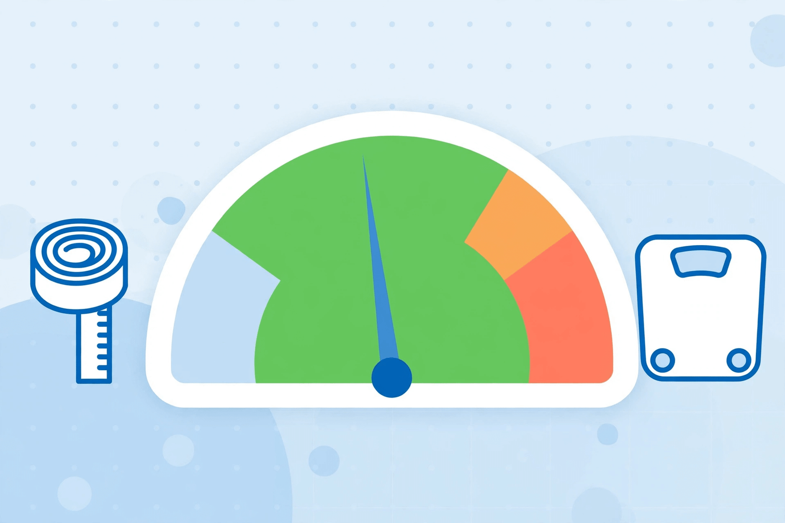 Flat illustration of a BMI gauge dial with the needle in the healthy green zone, with measuring tape and scale icons, representing the BMI calculator NHS