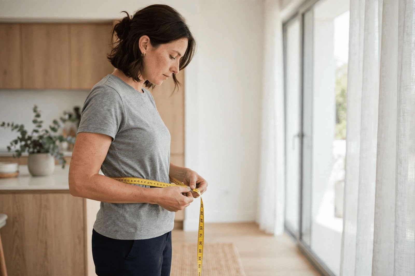 Woman measuring her waist circumference with a yellow tape measure at home, the follow-up step the NHS recommends after using the BMI calculator NHS