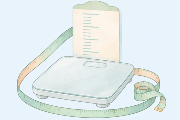 Illustration of a bathroom scale with a measuring tape and height chart for a UK BMI calculator guide