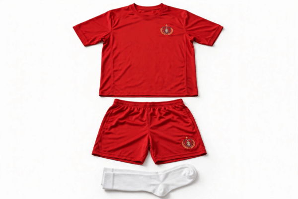 Red junior boys football kit with jersey, shorts and socks laid flat on a white background