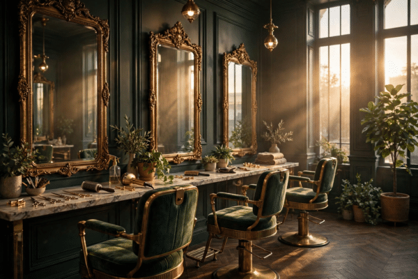 Elegant high-end hair salon interior with ornate mirrors and vintage styling chairs in warm golden light, evoking the world of celebrity hairstyling