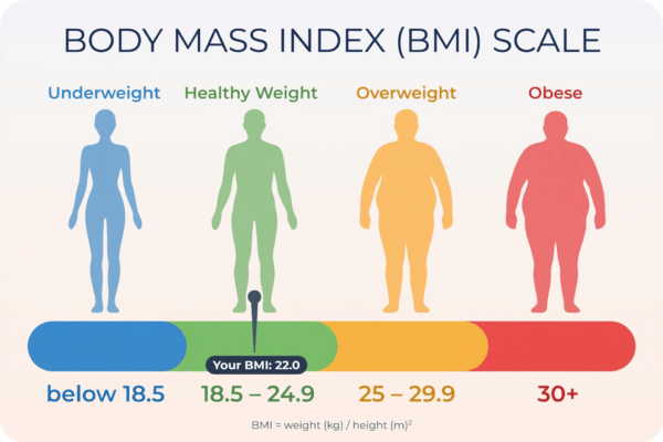 Colour-coded body mass index chart showing underweight, healthy weight, overweight and obese ranges with the BMI formula