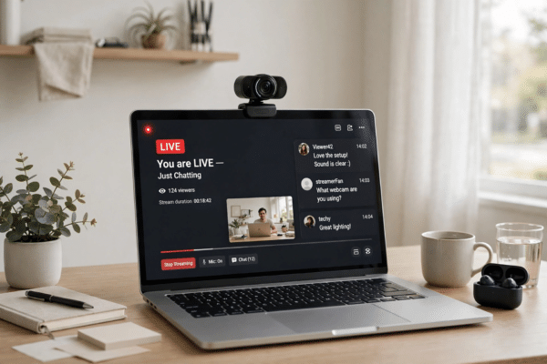A modern webcam mounted on a laptop showing a live streaming interface, illustrating video streaming and online broadcasting
