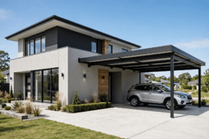 Modern flat-roof carport attached to the side of a contemporary house with a car parked underneath
