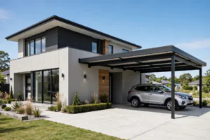 Modern flat-roof carport attached to the side of a contemporary house with a car parked underneath