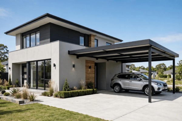 Modern flat-roof carport attached to the side of a contemporary house with a car parked underneath
