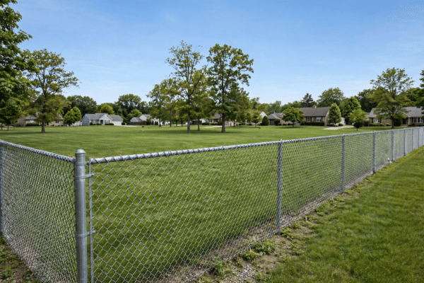 Long galvanized chain link fence running along a suburban property boundary on a clear day