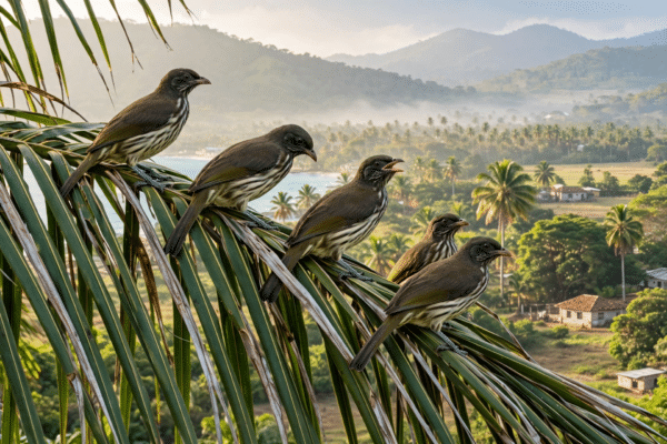 Flock of cigua palmera (Palmchat) birds perched on royal palm fronds in the Dominican Republic at sunrise