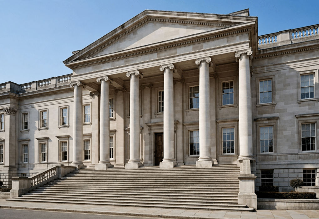 Exterior of a grand UK county court building with stone columns, representing the Civil National Business Centre CNBC