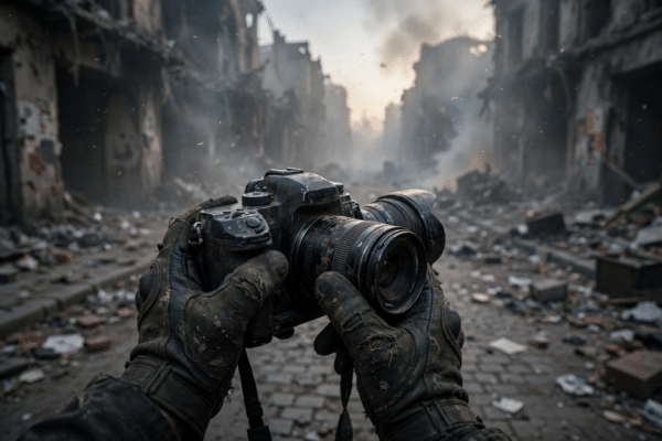 Weathered digital camera held in gloved hands on a dust-filled ruined street at dawn, illustrating a war photographer's perspective in Civil War (2024)