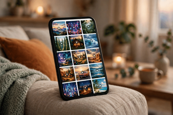Smartphone showing a streaming app interface with TV series episode thumbnails on a sofa in a cosy living room, representing Clicksud free online streaming
