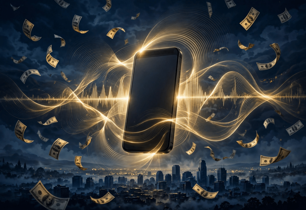 Illustration of a smartphone emitting golden sound waves surrounded by floating dollar bills over a Silicon Valley skyline, symbolising the Clinkle startup's record fundraising and ultrasound payment idea