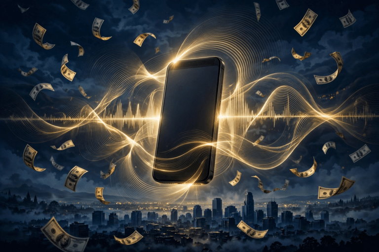 Illustration of a smartphone emitting golden sound waves surrounded by floating dollar bills over a Silicon Valley skyline, symbolising the Clinkle startup's record fundraising and ultrasound payment idea