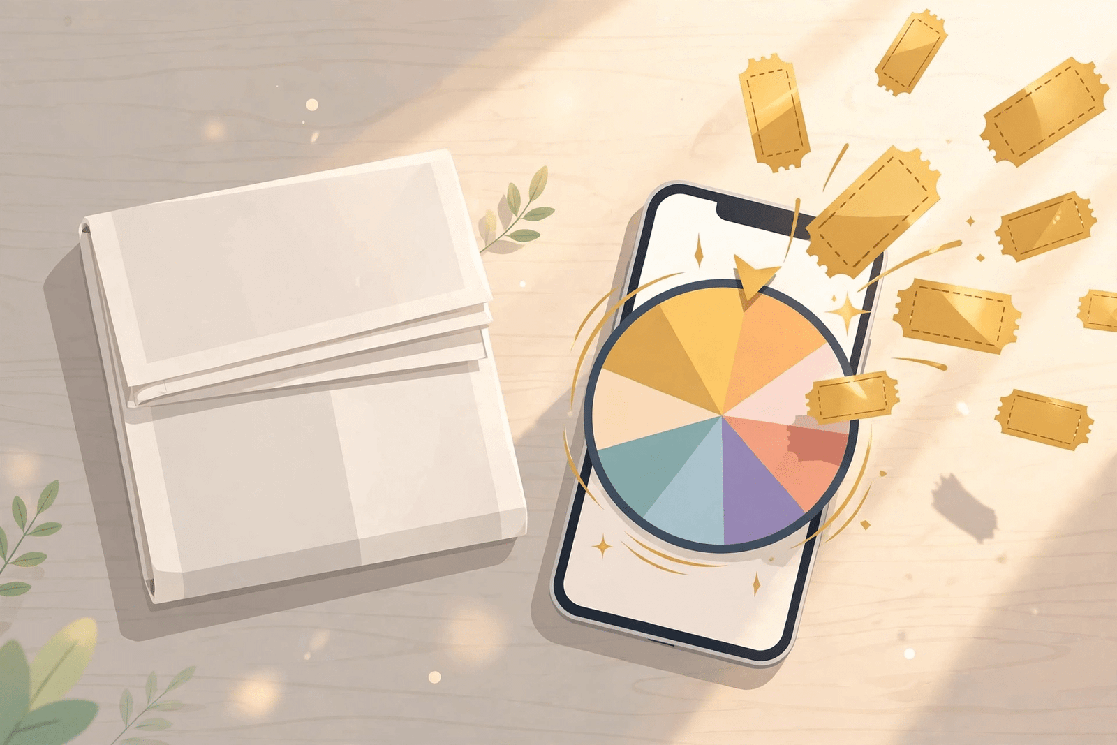 Folded newspaper beside a smartphone showing a spinning prize wheel with golden raffle tickets, illustrating the Daily Mail Rewards prize draw scheme