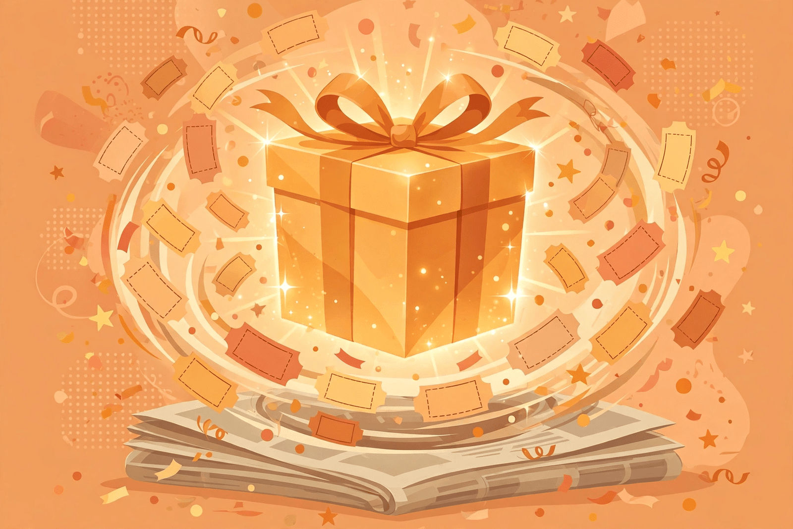 Golden gift box surrounded by swirling raffle tickets above a newspaper, representing the Daily Mail Rewards monthly prize draw