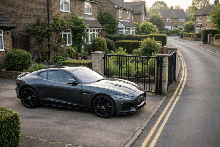Illustration of a dark Jaguar sports car parked on a strip of tarmac outside a house gate beside double yellow lines on a UK residential street