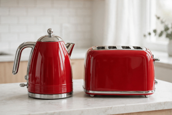 Glossy red retro-style electric kettle and matching four-slice toaster set on a modern kitchen worktop
