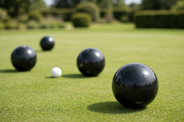Polished black lawn bowls and a white jack resting on a manicured bowling green