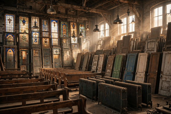 Antique architectural salvage warehouse with reclaimed stained-glass windows, vintage doors and period lighting, representing Drew Pritchard's Salvage Hunters world